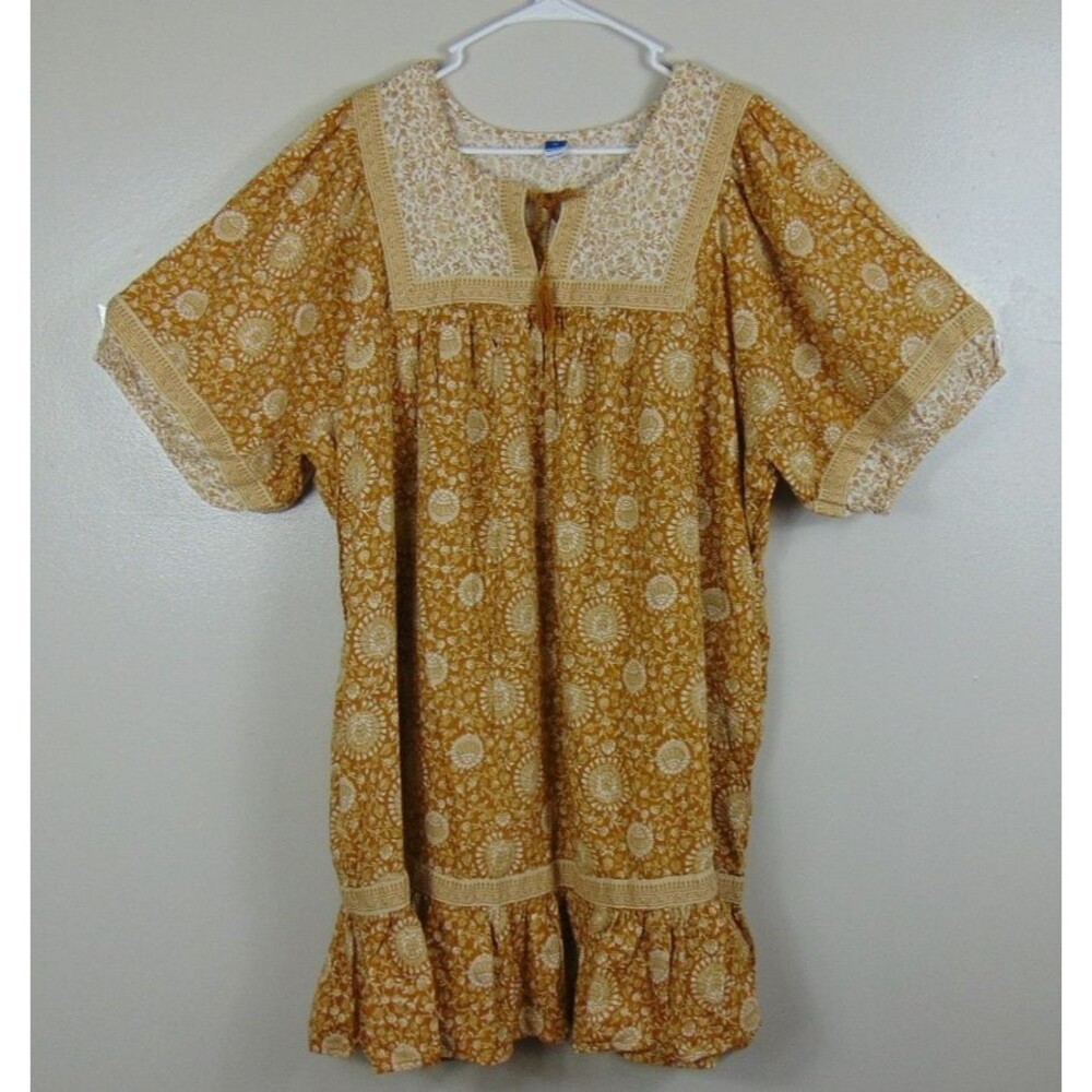 Old Navy Womens 2X Yellow Floral Boho Cottagecore Dress Tassel Tie Tiered Lined